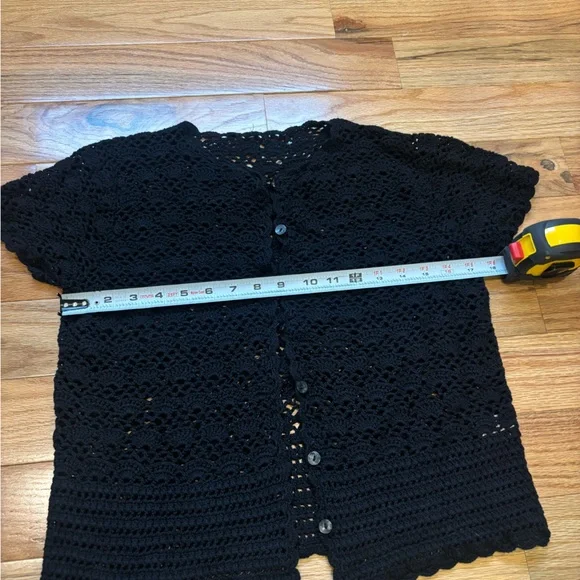 Women’s Black Crochet Short-Sleeve Button Cardigan - Picture 4 of 5